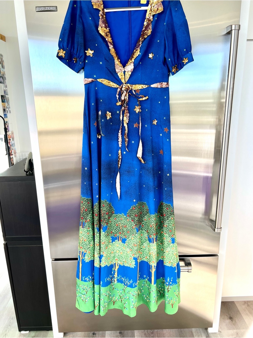Vintage gold sequin Border Tie-Waist Maxi Dress